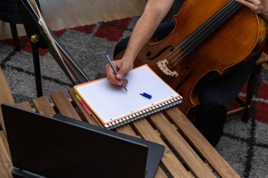 Genç adam dizüstü bilgisayarıyla tahta bir masaya çello dersleri alıyor ve not defterine seçici odaklı müzik öğretmeninin açıklamalarını yazıyor..
