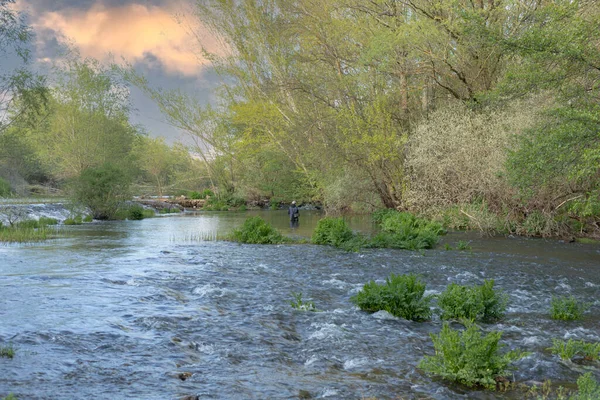 Фотографія Пейзажу Струмком Води Показує Молодого Рибалки Посеред Струмка Валами — стокове фото