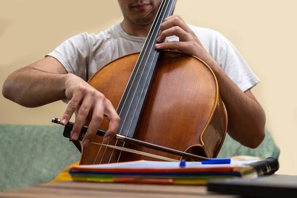 Detail Young Man Playing Cello Home While Taking Online Lesson — Stock Photo, Image