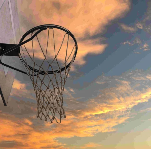 Basketball Basket Its Net Background Sky Warm Yellowish Clouds Copy — Stock Photo, Image