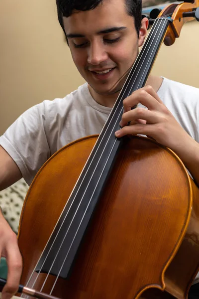 Young Man Smiling While Playing Piece Music Cello His House — Stock Fotó