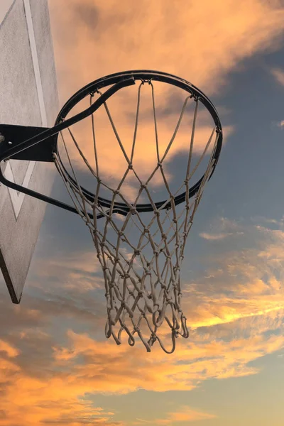 Detail Basketball Hoop Street Sunset Sunny Day Clouds Selective Focus — Stock Photo, Image