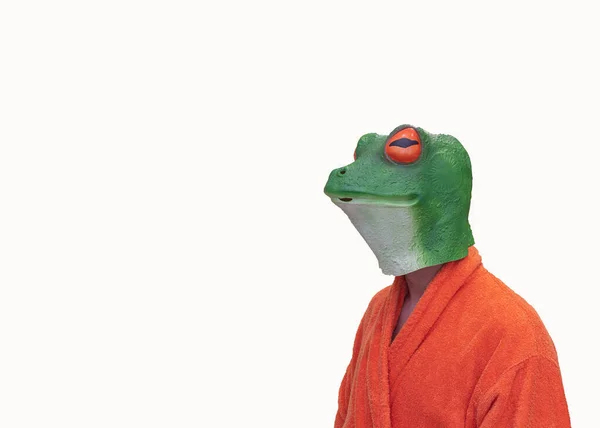コピースペースのある白い背景のオレンジバスローブに緑のカエルの動物のマスクを持つ若い男の子 — ストック写真