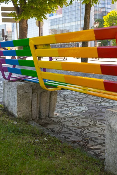 Burgos Spain June 2021 Bench People Sit Painted Rainbow Colors — Stock Photo, Image