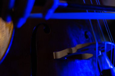 Bir çello köprüsünün sanatsal fotoğrafı. Müzikal yayla oynarken seçici odak ve yoğun mavi ışık.