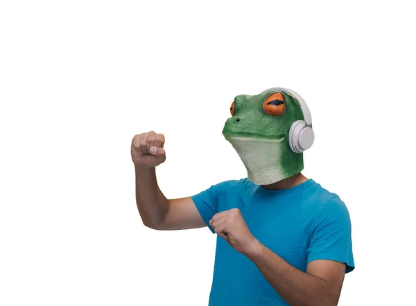 Mann Mit Tiermaske Eines Frosches Auf Dem Kopf Hört Musik — Stockfoto