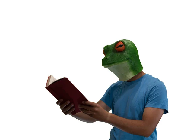 Man Med Djur Mask Groda Huvudet Njuter Att Läsa Bok — Stockfoto