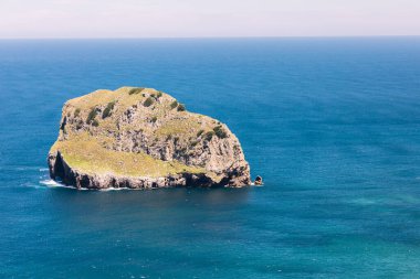 İspanya 'nın Cape Machichaco yakınlarındaki Bermeo Bilbao' daki Akatxa Adası güneşli bir günde ve seçici bir odak noktasında.