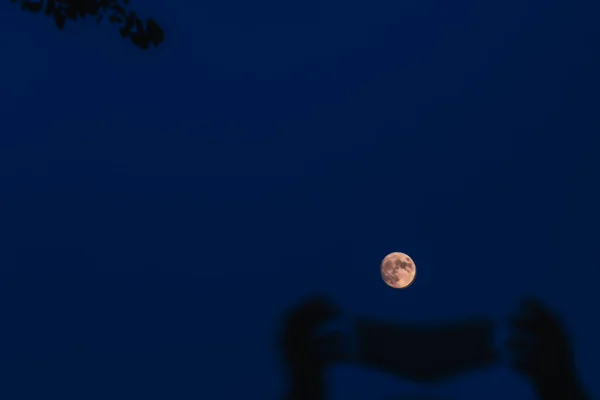 Manos Con Una Máscara Covid19 Tratando Atrapar Acunar Luna Medio — Foto de Stock