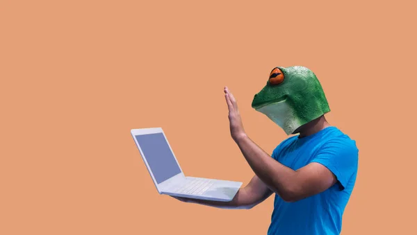개구리 가면을 스트리밍 비디오 컨퍼런스를 개최하고 주황색 배경에 사이트 참가자들에게 — 스톡 사진