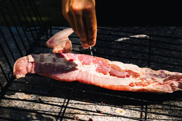 グリルに豚の肋骨の肉の詳細と塩で味付けし バーベキューのコンセプト夏の食事に入れます — ストック写真