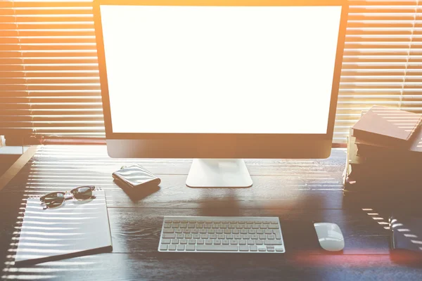 Mock up of office desktop with accessories and work tools — Stock Photo, Image