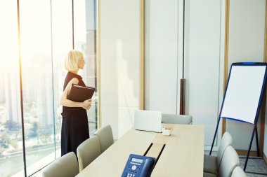 Young successful female CEO  is standing in conference room clipart