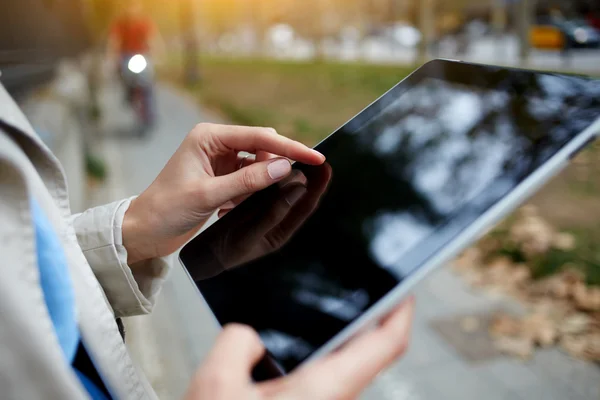 Closely image of hipster girl is working on portable computer with empty copy space screen. — Stock Photo, Image