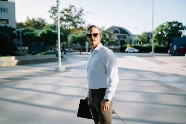 Serious Confident Adult Male Formal Clothes Sunglasses Standing Middle City — Stock Photo, Image