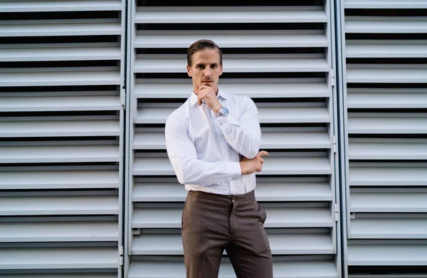 Young Man Dark Hair Formal Clothes Looking Camera Thinking While — Stock Photo, Image