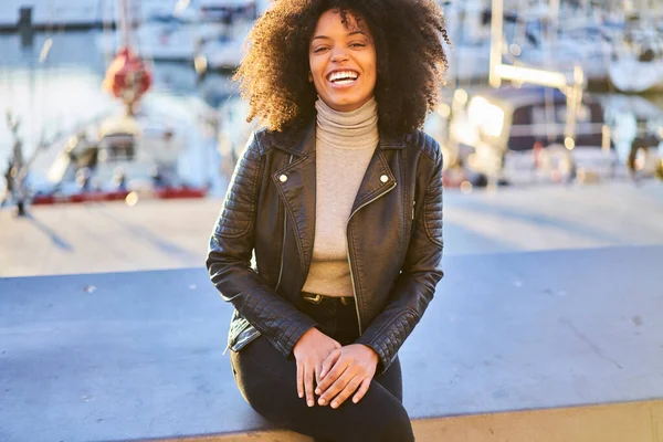 Happy African American Female Trendy Outfit Smiling Looking Camera While — Stock Photo, Image