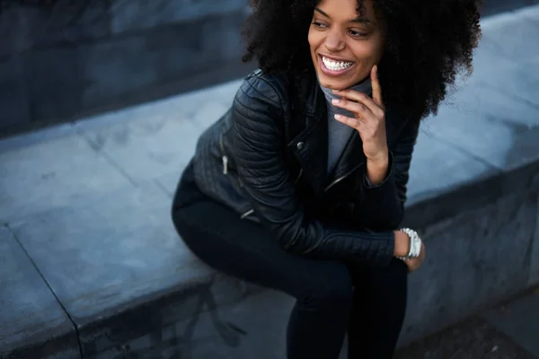 Positive Young African American Woman Bushy Hair Black Leather Coat — Stock Photo, Image