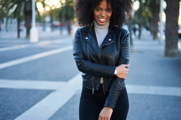 Optimistic African American Female Casual Wear Smiling Looking Camera While — Stock Photo, Image