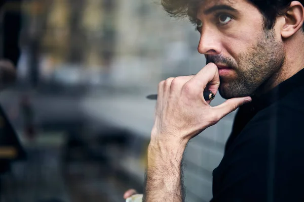 Crop Handsome Adult Unshaven Brunet Male Deep Thought Propping Chin — Stock Photo, Image