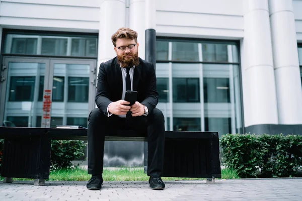 Serious Young Man Formal Clothing Beard Sitting Bench Yard Office — Stock Photo, Image