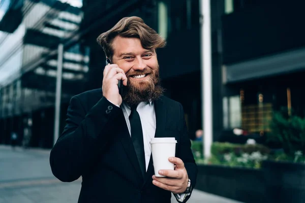 Cheerful Bearded Man Formal Wear Tie Smiling Looking Camera While — Stock Photo, Image