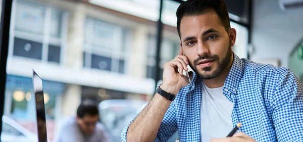 Modern Young Thoughtful Bearded Man Casual Wear Looking Camera Phone — Stock Photo, Image