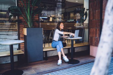 Kafe terasında dizüstü bilgisayarda çalışan yetenekli beyaz kadın blogcu. Uzaktan kumandalı güzel iş kadını. Dijital teknolojiyi bilgi aramak ve e-postaları kontrol etmek için kullanıyor.