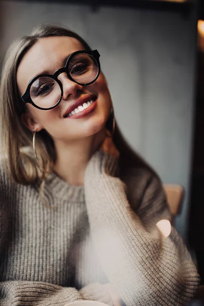 Half Length Portrait Cheerful Hipster Girl Perfect Veneers Smiling Camera — Stock Photo, Image