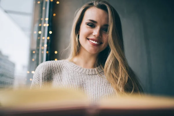 Portrait Cheerful Hipster Girl Perfect Veneers Holding Blurred Literature Book — Stock Photo, Image