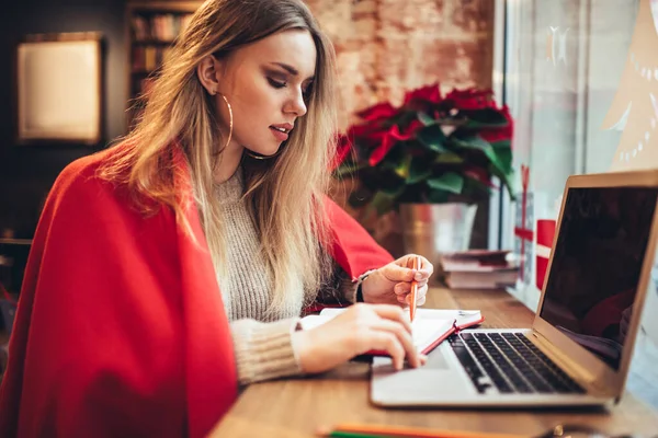 Female Student Doing Homework Sitting Desktop Using Laptop Computer Online — Stock Photo, Image