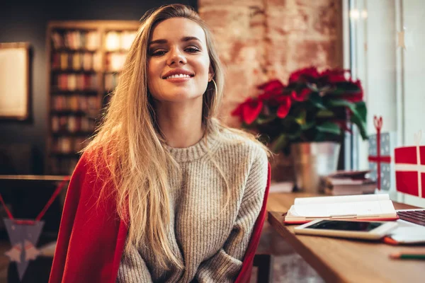 Cheerful Warm Dressed Female Earrings Sitting Creative Window Sill While — Stock Photo, Image