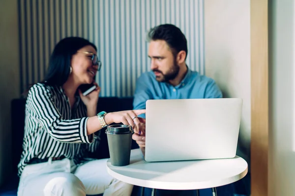 Adult Pensive Multiracial Colleagues Take Away Beverage Elegant Clothes Pointing — Stock Photo, Image