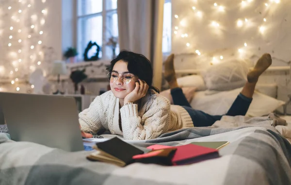 Full Body Satisfied Female Casual Wear Lying Comfortable Bed Working — Stock Photo, Image