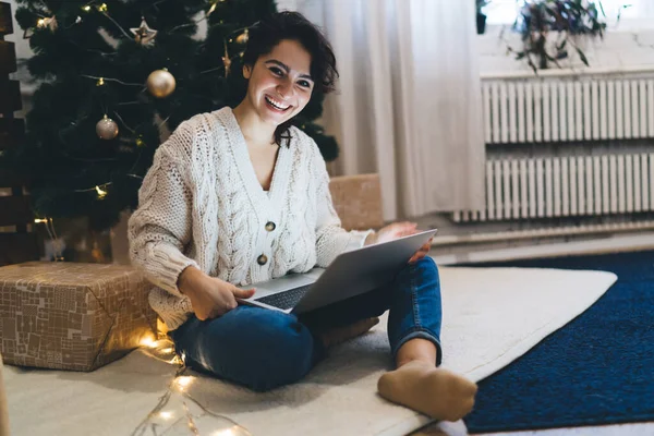 Full Body Young Woman Laptop Sitting Floor Decorated Christmas Tree — Stock Photo, Image