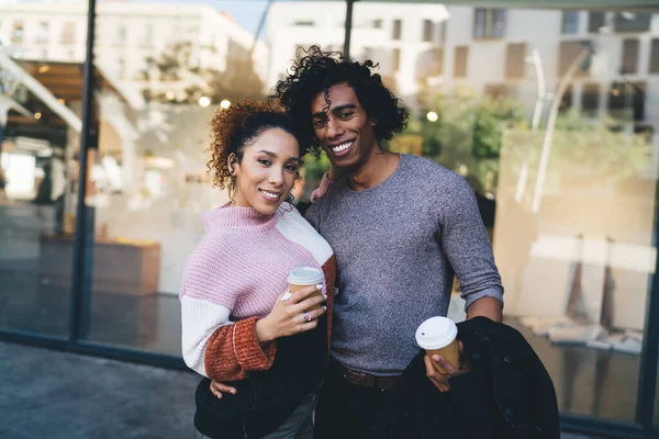 Positive African American Couple Casual Clothes Standing Modern Building Drinking — Stock Photo, Image