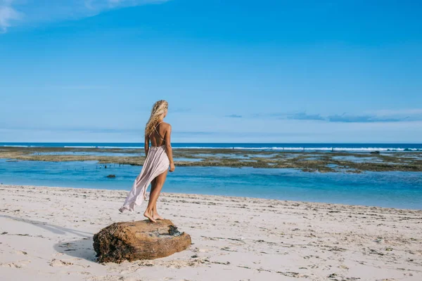 Vista Posteriore Giovane Abbronzata Femmina Bionda Abito Con Schiena Aperta — Foto Stock