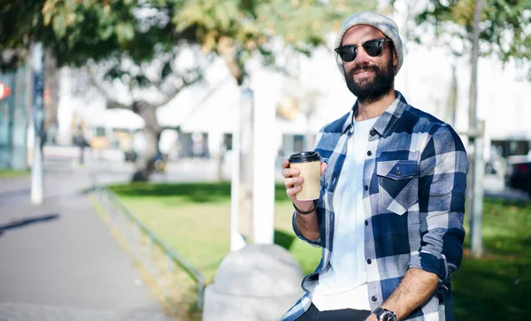 Positive Stylish Bearded Male Hipster Casual Clothes Sunglasses Standing Sidewalk — Stock Photo, Image