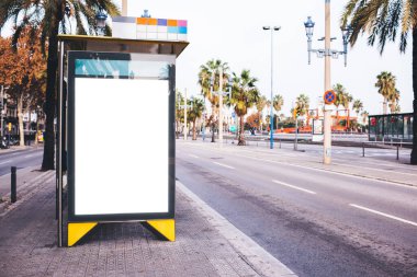 Modern otobüs durağı afişi boş boş afişle yol kenarında ve güneşli yaz gününde tropikal kadın reklamları için.