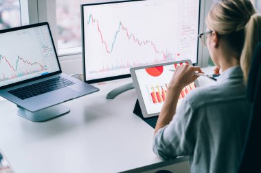 Modern ofisteki masada oturan ve kripto para birimi bitcoin grafiğiyle çalışan resmi kıyafetli yüzsüz bir kadının yüksek açılı arka görüntüsü.