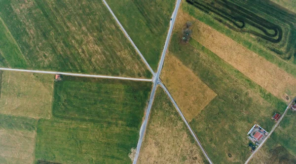 Sonbahar Günü Kırsal Alanda Yolları Çiftliği Olan Yeşil Geniş Tarlaların — Stok fotoğraf
