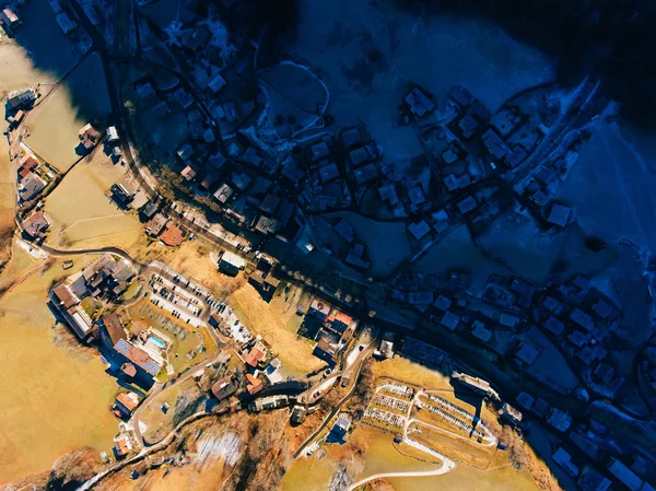 Drone View Winding Road Going Small Settlement Located Agricultural Land — Stock Photo, Image