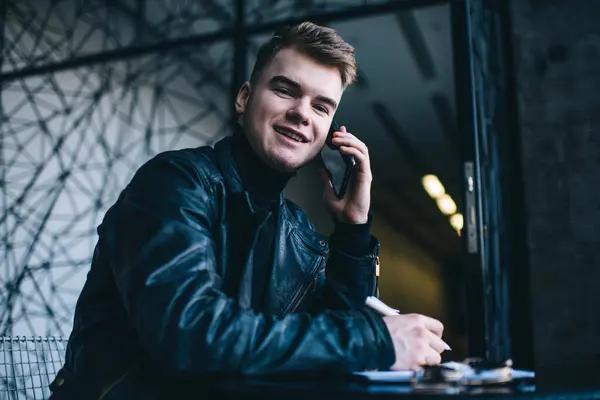 Cheerful Young Male Black Leather Jacket Making Phone Call Looking — Stock Photo, Image