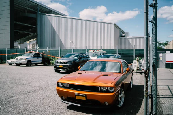 Bright Orange Colored Sport Car Shiny Chrome Elements Parked Asphalt — Stock Photo, Image