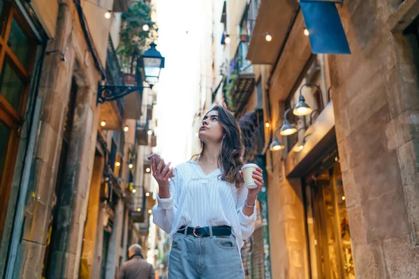 Pensive Female Casual Clothes Standing Aged Street While Drinking Coffee — Stock Photo, Image