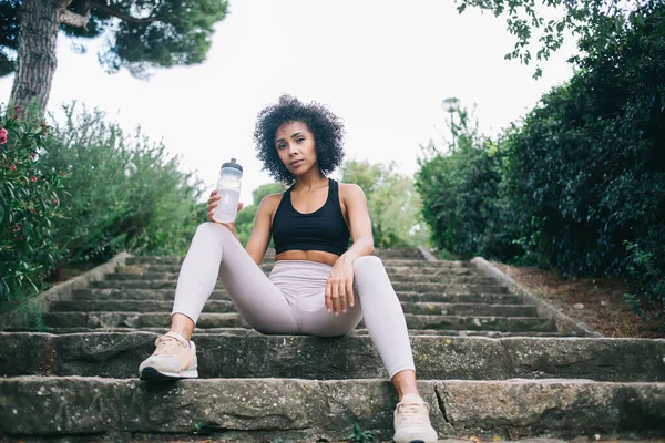 Content Fit Young Ethnic Woman Sport Clothes Relaxing Granite Staircase — Stock Photo, Image