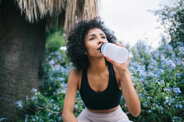 Thirsty African American lady with Afro hairstyle enjoying fresh water while having break in workout in park near blossoming bushes