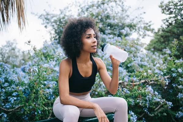 Calm Ethnic Woman Afro Hairstyle Drinking Fresh Water Sport Bottle — Stock Photo, Image