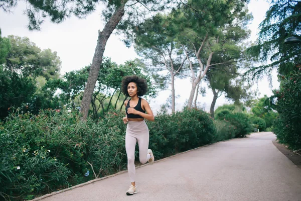 Focused Ethnic Female Sportswear Sneakers Jogging Path Park Bushes Summer — Stock Photo, Image