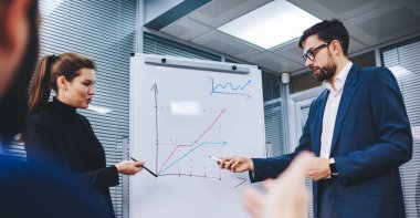 Birlikte beyin fırtınası sırasında gelir istatistiklerini analiz eden bir grup Kafkas meslektaşı, işbirlikçi çalışma sürecinde bilgi tablosundan elde edilen bilgileri tartışan resmi giyinmiş liderler.